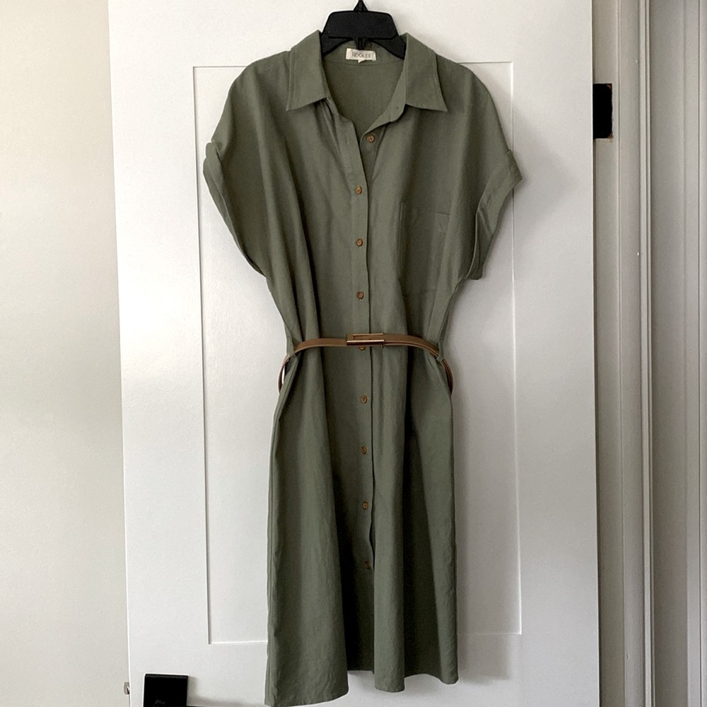 NWOT Roolee Army Green Button Down Cotton Shirt Dress - Sz M